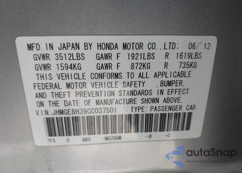2012 Honda Fit from USA, damaged, VIN JHMGE8H39CC037501